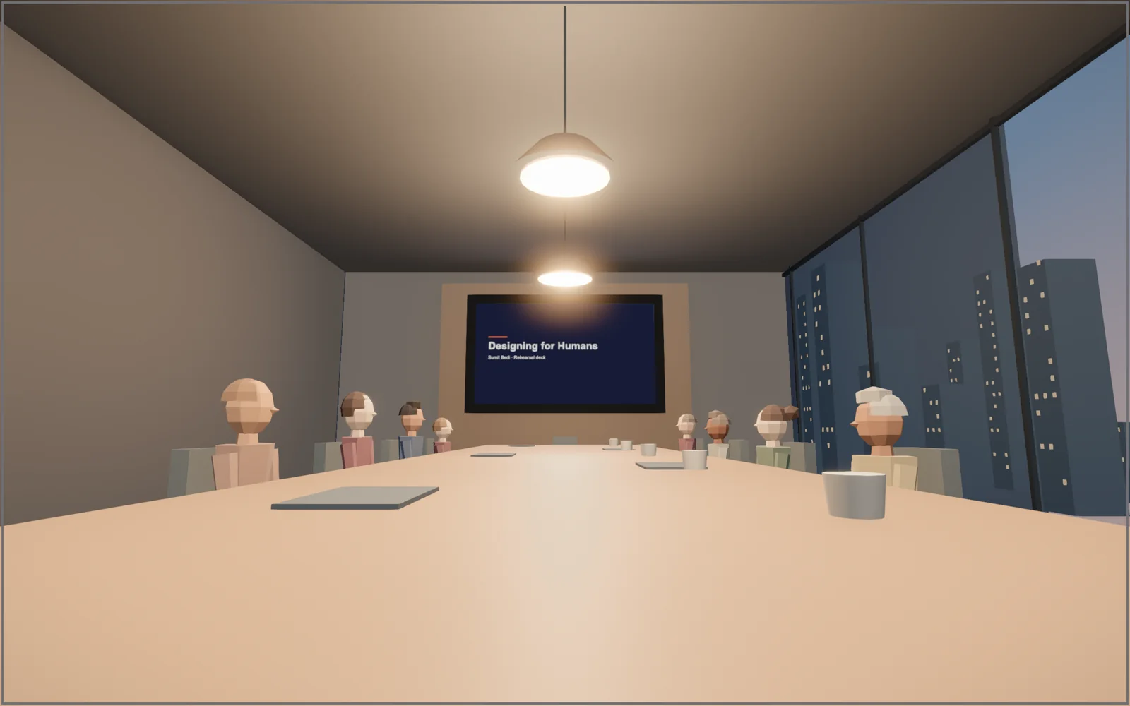 Boardroom with a long table and a city at dusk